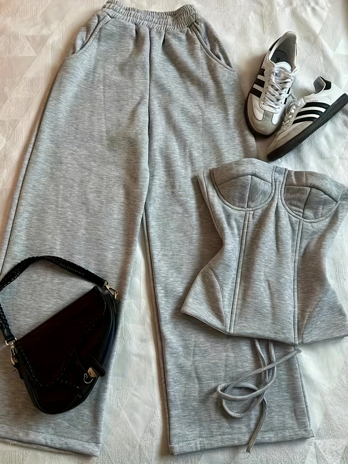 Women's Long Pants & Sleeveless Crop Hoodie Set – Casual Solid Color Two-Piece Loungewear with Drawstring Waist